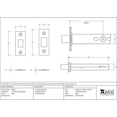 This is an image showing From The Anvil - Black 4" Heavy Duty Tubular Deadbolt available from T.H Wiggans Architectural Ironmongery in Kendal, quick delivery and discounted prices