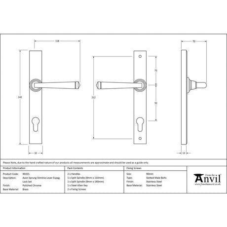 This is an image showing From The Anvil - Polished Chrome Avon Slimline Lever Espag. Lock Set available from trade door handles, quick delivery and discounted prices