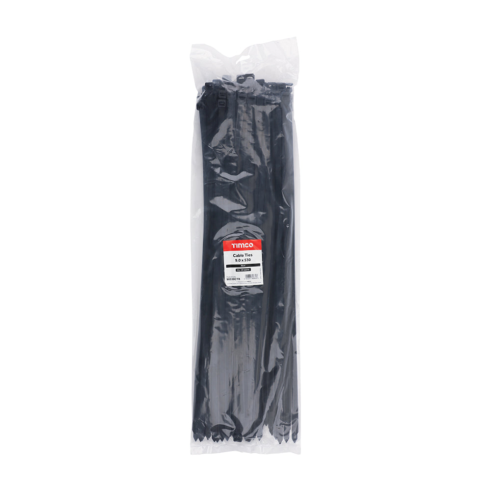 This is an image showing TIMCO Cable Ties - Black - 9.0 x 530 - 100 Pieces Bag available from T.H Wiggans Ironmongery in Kendal, quick delivery at discounted prices.