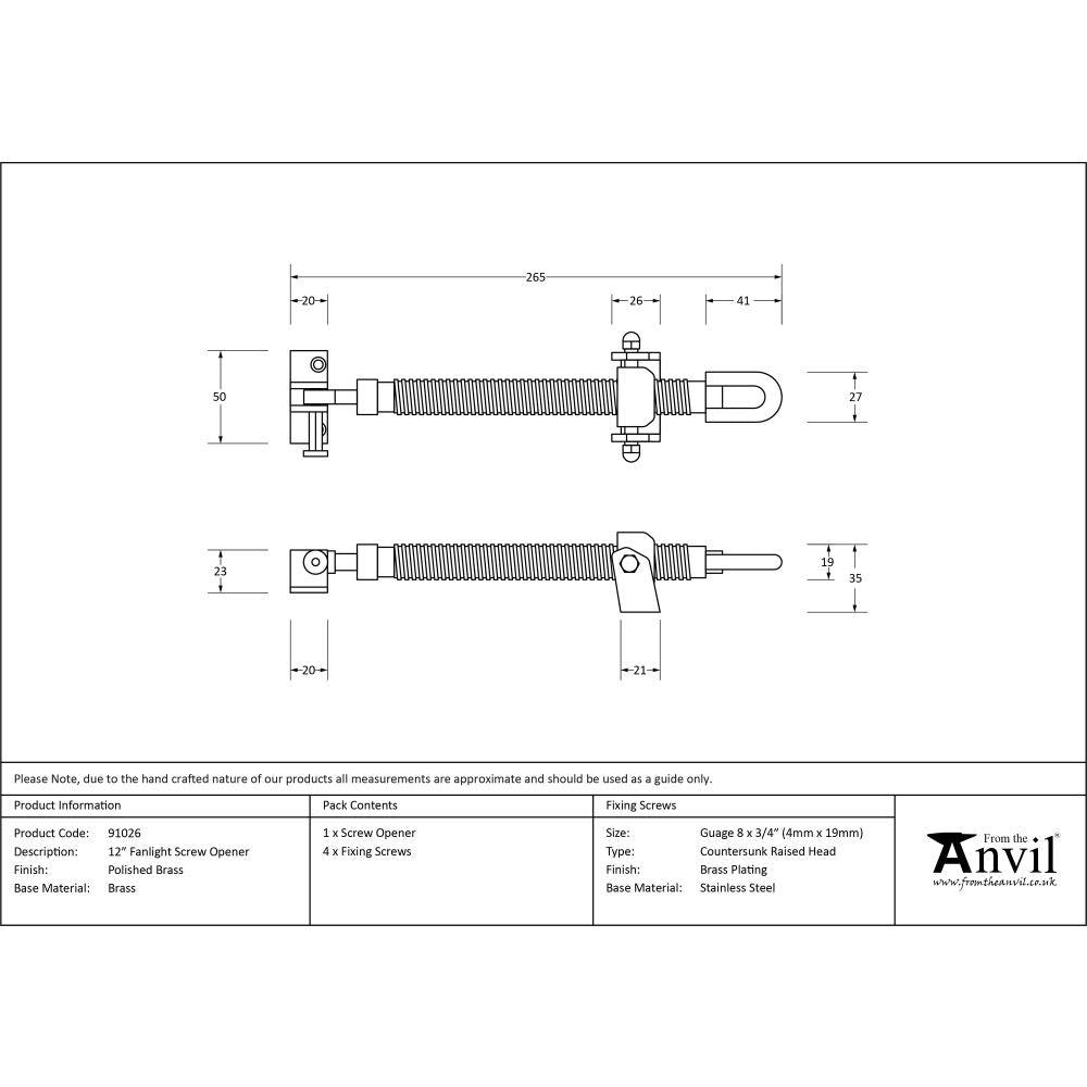 This is an image showing From The Anvil - Polished Brass 12" Fanlight Screw Opener available from T.H Wiggans Architectural Ironmongery in Kendal, quick delivery and discounted prices
