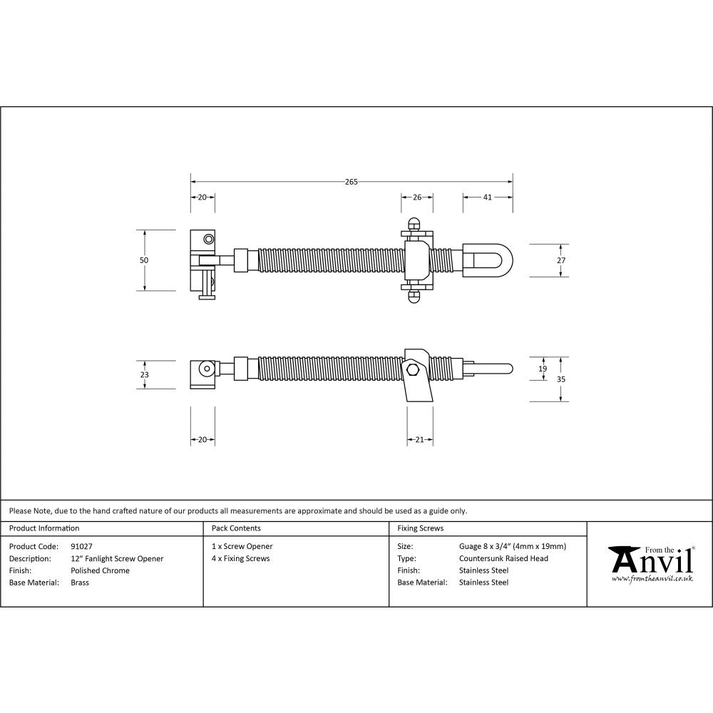 This is an image showing From The Anvil - Polished Chrome 12" Fanlight Screw Opener available from T.H Wiggans Architectural Ironmongery in Kendal, quick delivery and discounted prices