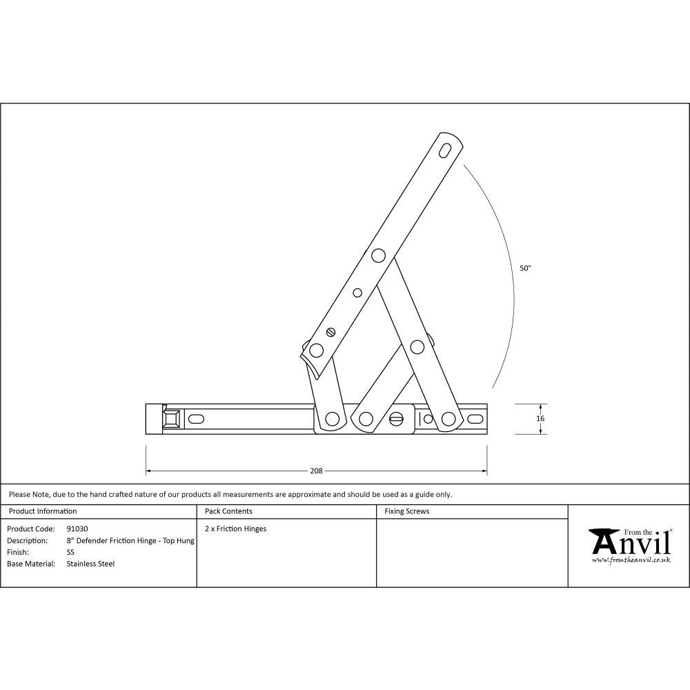 This is an image showing From The Anvil - SS 8" Defender Friction Hinge - Top hung available from T.H Wiggans Architectural Ironmongery, quick delivery and discounted prices