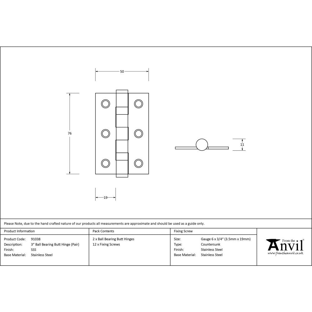 This is an image showing From The Anvil - SSS 3" Ball Bearing Butt Hinge (pair) available from T.H Wiggans Architectural Ironmongery, quick delivery and discounted prices