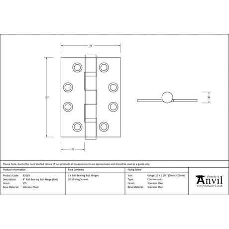 This is an image showing From The Anvil - SSS 4" Ball Bearing Butt Hinge (pair) F/R available from T.H Wiggans Architectural Ironmongery, quick delivery and discounted prices