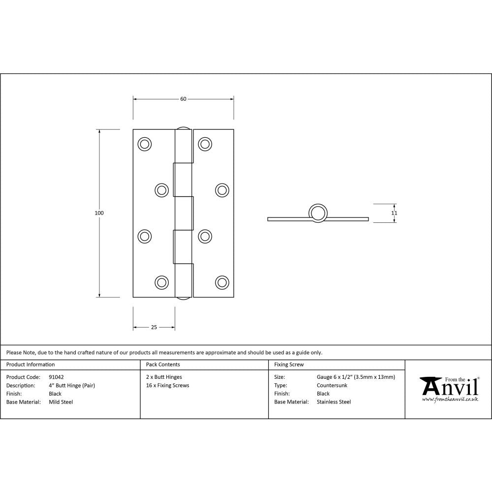 This is an image showing From The Anvil - Black 4" Butt Hinge (Pair) available from T.H Wiggans Architectural Ironmongery, quick delivery and discounted prices