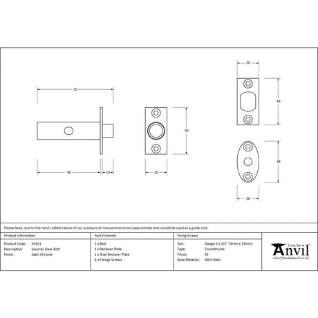 This is an image showing From The Anvil - Satin Chrome Security Door Bolt available from T.H Wiggans Architectural Ironmongery in Kendal, quick delivery and discounted prices