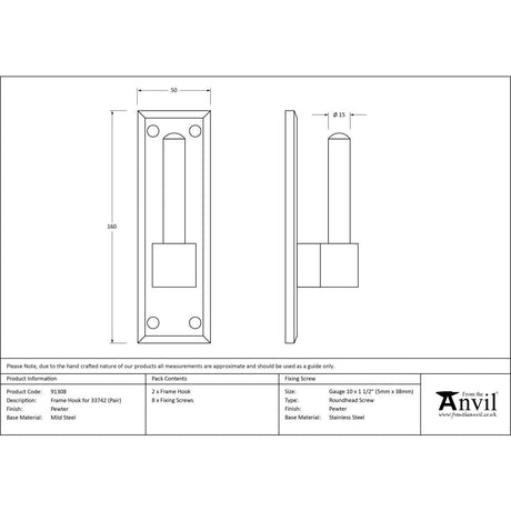 This is an image showing From The Anvil - Pewter Frame Hook For 33742 (pair) available from T.H Wiggans Architectural Ironmongery, quick delivery and discounted prices