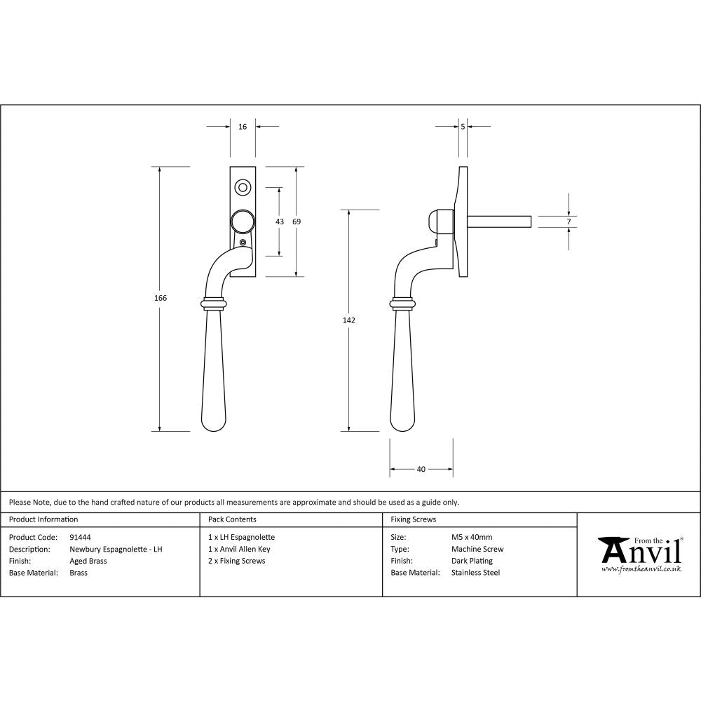 This is an image showing From The Anvil - Aged Brass Newbury Espag - LH available from T.H Wiggans Architectural Ironmongery in Kendal, quick delivery and discounted prices