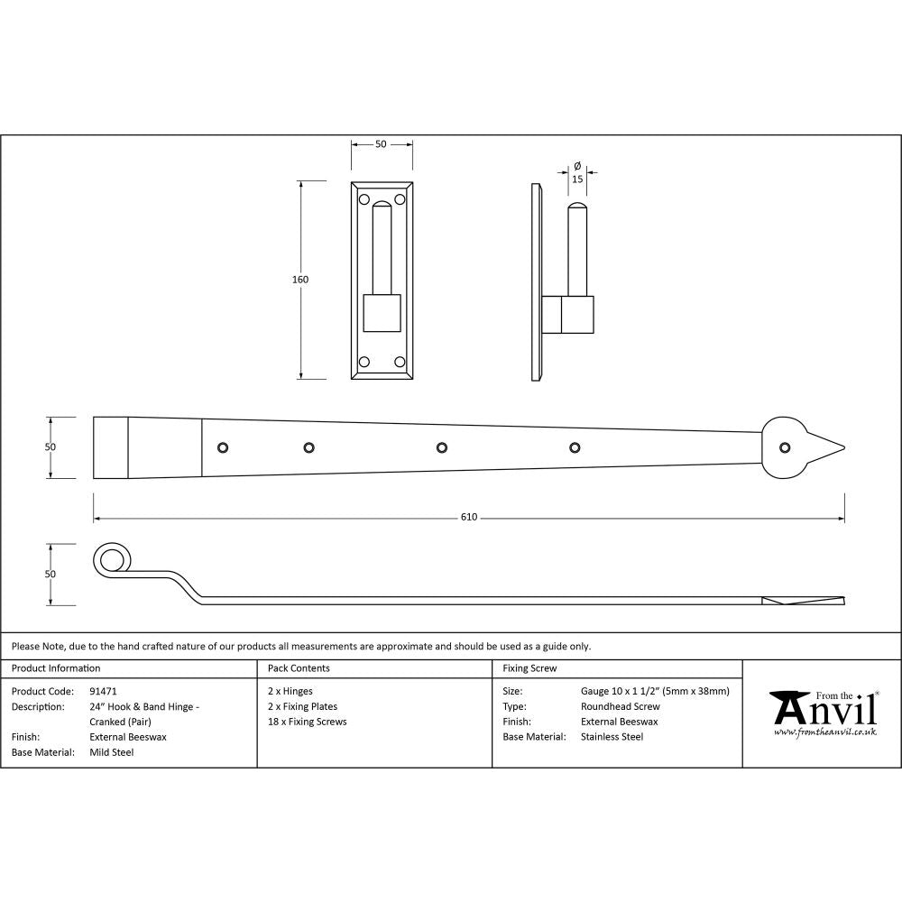 This is an image showing From The Anvil - External Beeswax 24" Hook & Band Hinge - Cranked (pair) available from T.H Wiggans Architectural Ironmongery, quick delivery and discounted prices