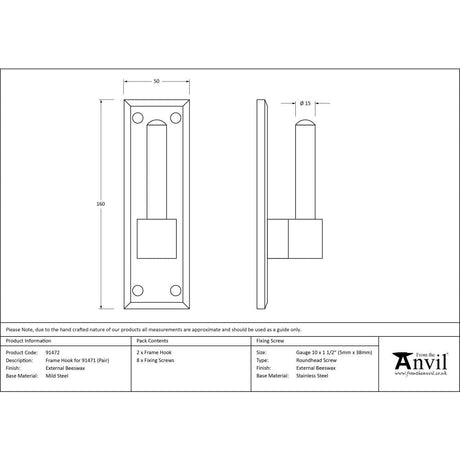 This is an image showing From The Anvil - External Beeswax Frame Hook For 91471 (pair) available from T.H Wiggans Architectural Ironmongery, quick delivery and discounted prices