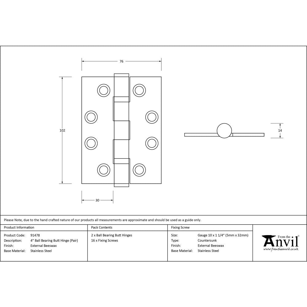 This is an image showing From The Anvil - External Beeswax 4" Ball Bearing Butt Hinge (pair) available from T.H Wiggans Architectural Ironmongery, quick delivery and discounted prices