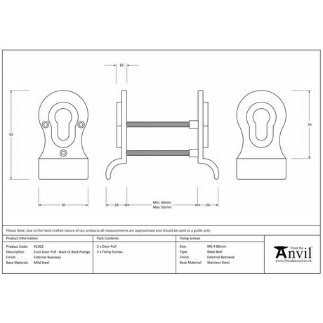 This is an image showing From The Anvil - External Beeswax 50mm Euro Door Pull (Back to Back fixings) available from trade door handles, quick delivery and discounted prices