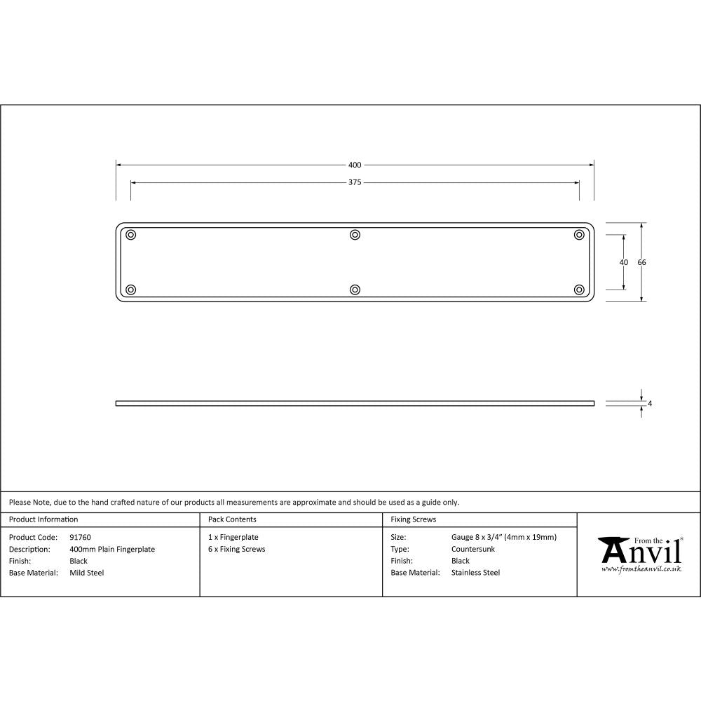 This is an image showing From The Anvil - Black 400mm Plain Fingerplate available from trade door handles, quick delivery and discounted prices