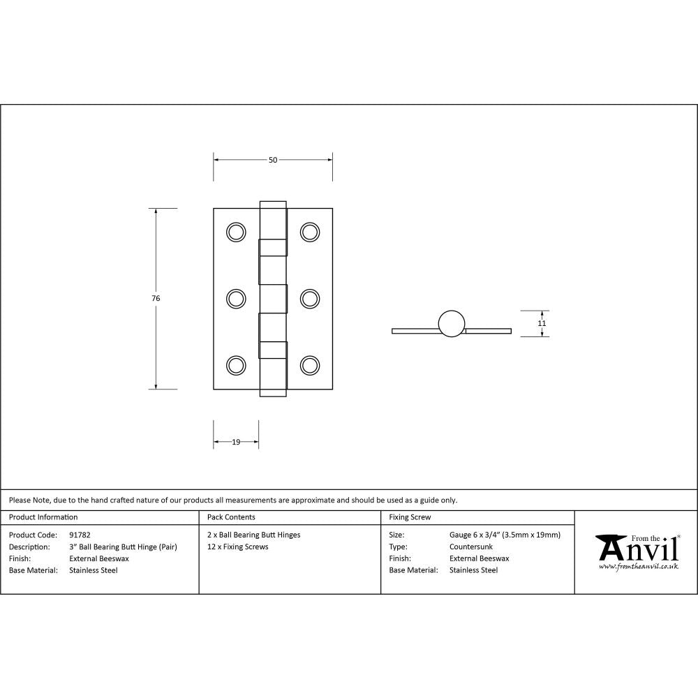 This is an image showing From The Anvil - External Beeswax 3" Ball Bearing Butt Hinge (pair) available from T.H Wiggans Architectural Ironmongery, quick delivery and discounted prices
