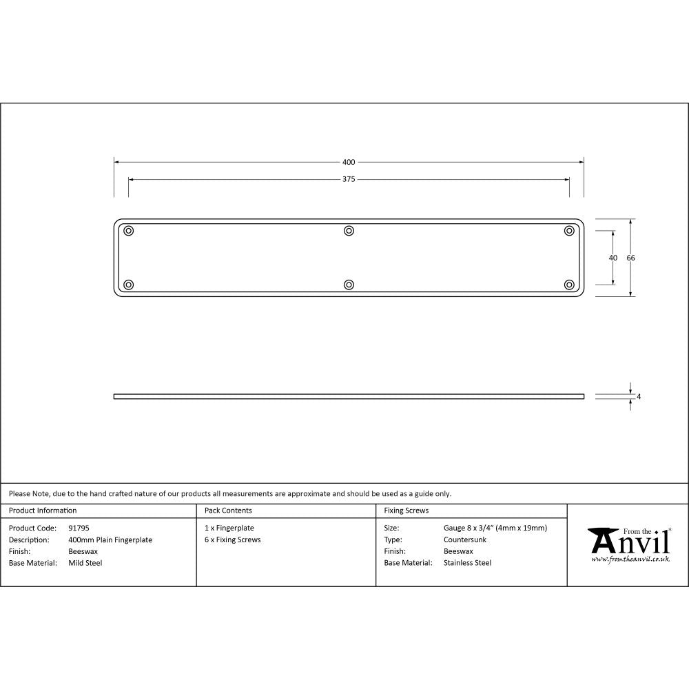 This is an image showing From The Anvil - Beeswax 400mm Plain Fingerplate available from trade door handles, quick delivery and discounted prices