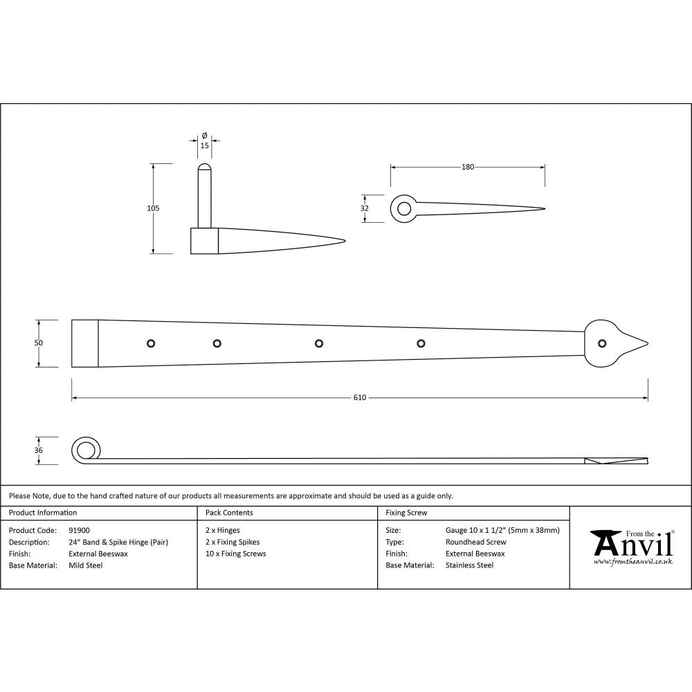 This is an image showing From The Anvil - External Beeswax 24" Band & Spike Hinge (Pair) available from T.H Wiggans Architectural Ironmongery, quick delivery and discounted prices