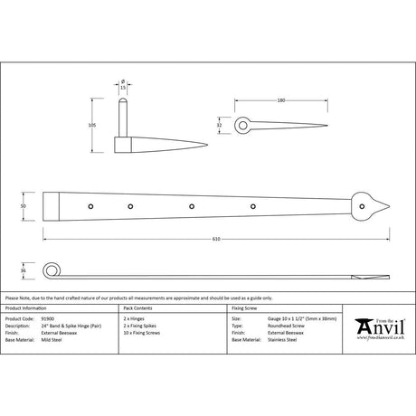 This is an image showing From The Anvil - External Beeswax 24" Band & Spike Hinge (Pair) available from T.H Wiggans Architectural Ironmongery, quick delivery and discounted prices
