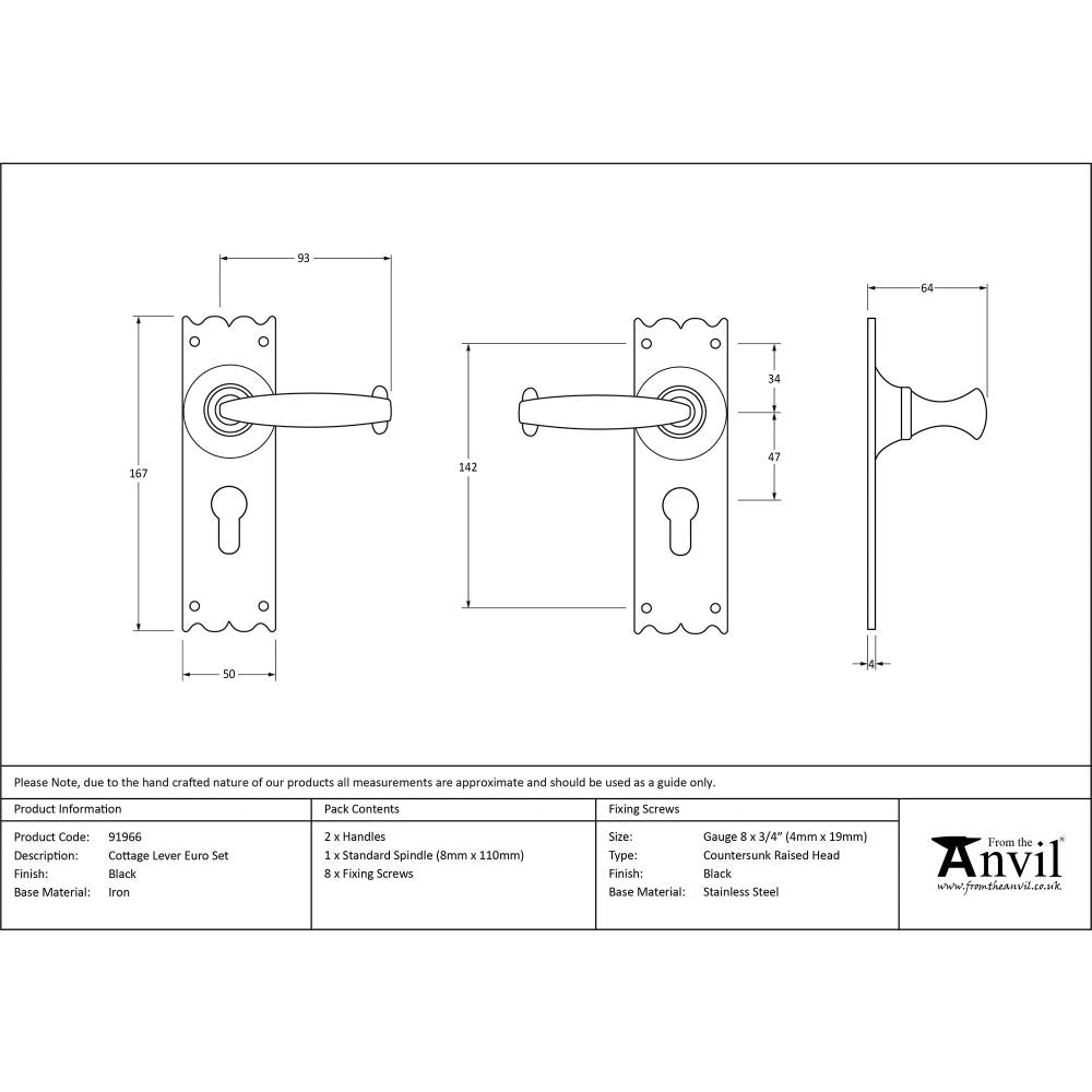 This is an image showing From The Anvil - Black Cottage Lever Euro Lock Set available from trade door handles, quick delivery and discounted prices