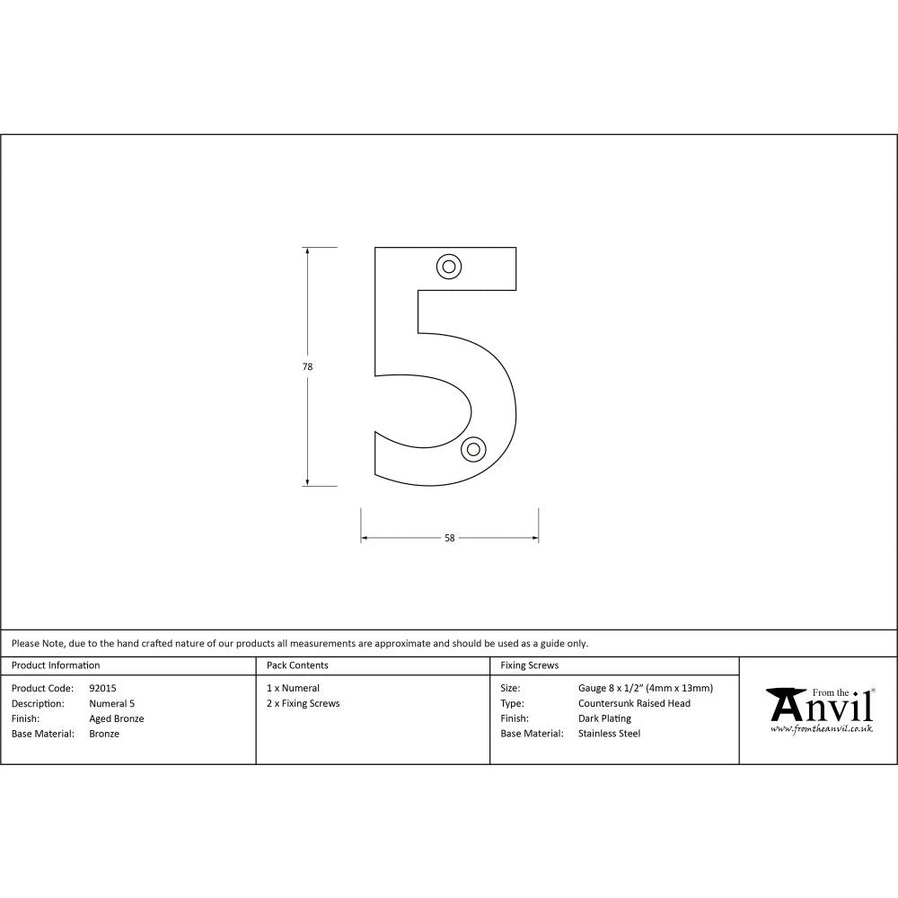 This is an image showing From The Anvil - Aged Bronze Numeral 5 available from trade door handles, quick delivery and discounted prices