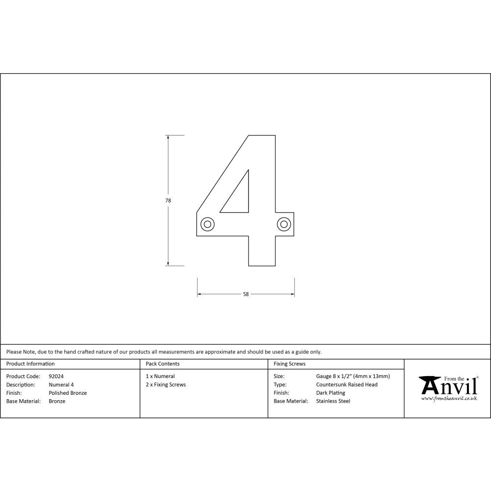 This is an image showing From The Anvil - Polished Bronze Numeral 4 available from trade door handles, quick delivery and discounted prices