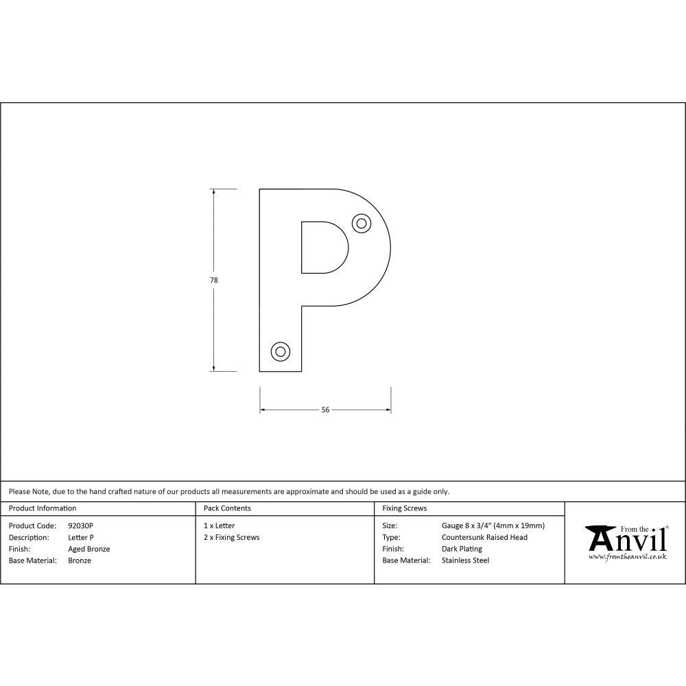 This is an image showing From The Anvil - Aged Bronze Letter P available from trade door handles, quick delivery and discounted prices