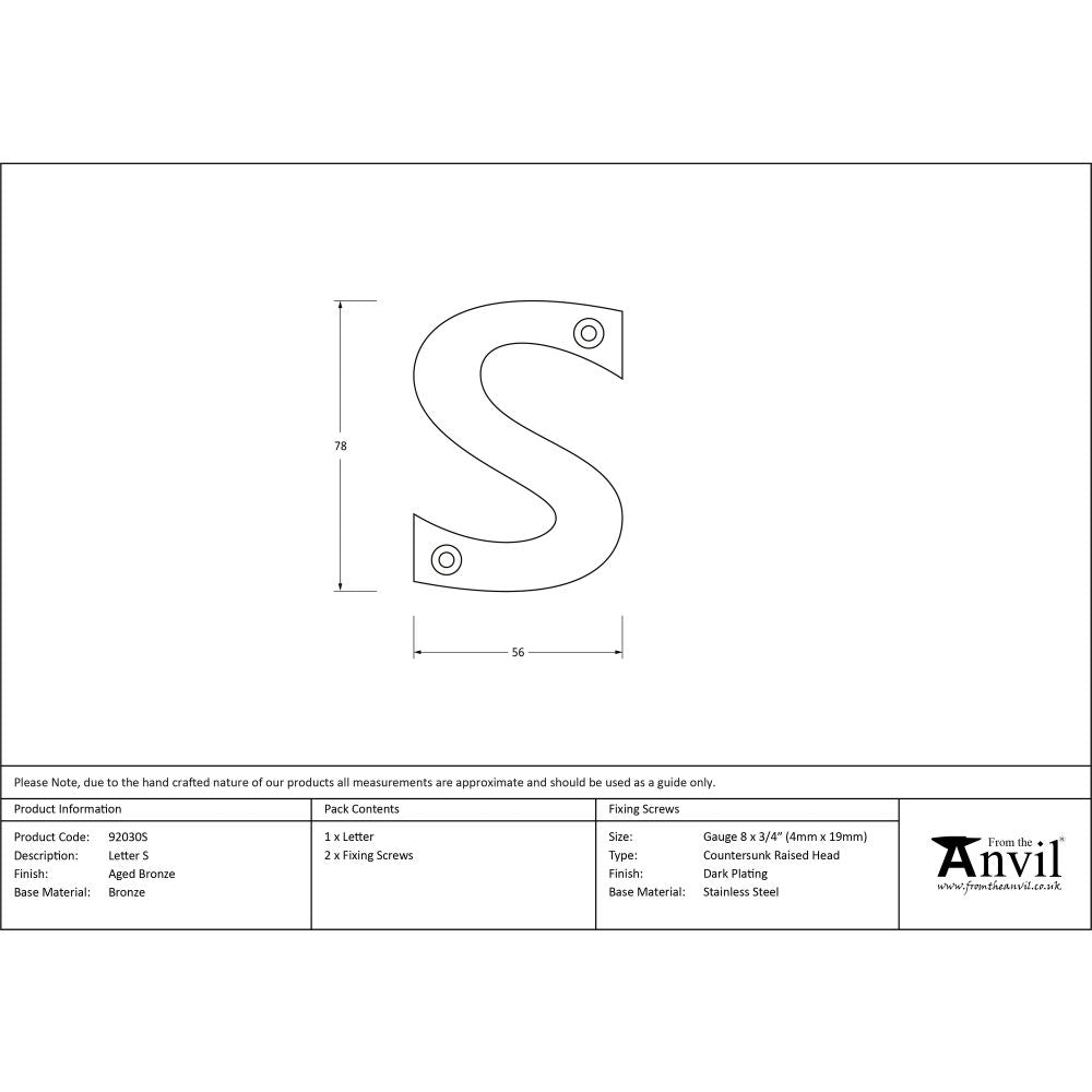 This is an image showing From The Anvil - Aged Bronze Letter S available from trade door handles, quick delivery and discounted prices