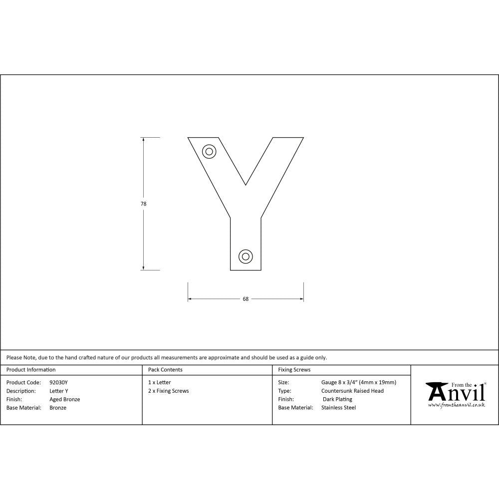 This is an image showing From The Anvil - Aged Bronze Letter Y available from trade door handles, quick delivery and discounted prices