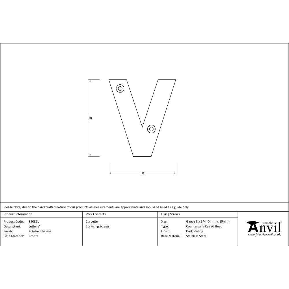 This is an image showing From The Anvil - Polished Bronze Letter V available from trade door handles, quick delivery and discounted prices