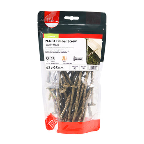 This is an image showing TIMCO Timber Screws - TX - Wafer - Exterior - Green - 6.7 x 95 - 50 Pieces TIMbag available from T.H Wiggans Ironmongery in Kendal, quick delivery at discounted prices.