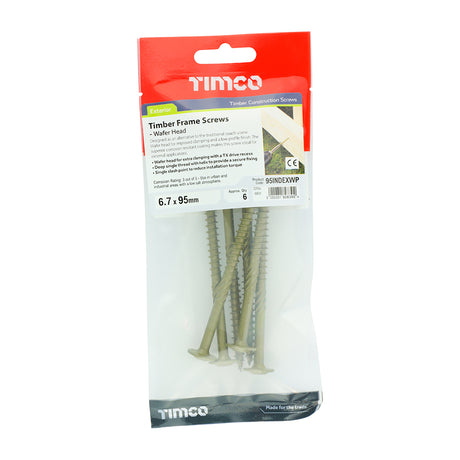 This is an image showing TIMCO Timber Screws - TX - Wafer - Exterior - Green - 6.7 x 95 - 6 Pieces TIMpac available from T.H Wiggans Ironmongery in Kendal, quick delivery at discounted prices.