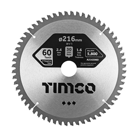 This is an image showing TIMCO -5° Circular Saw Blade - 216 x 30 x 60T - 1 Each Clamshell available from T.H Wiggans Ironmongery in Kendal, quick delivery at discounted prices.