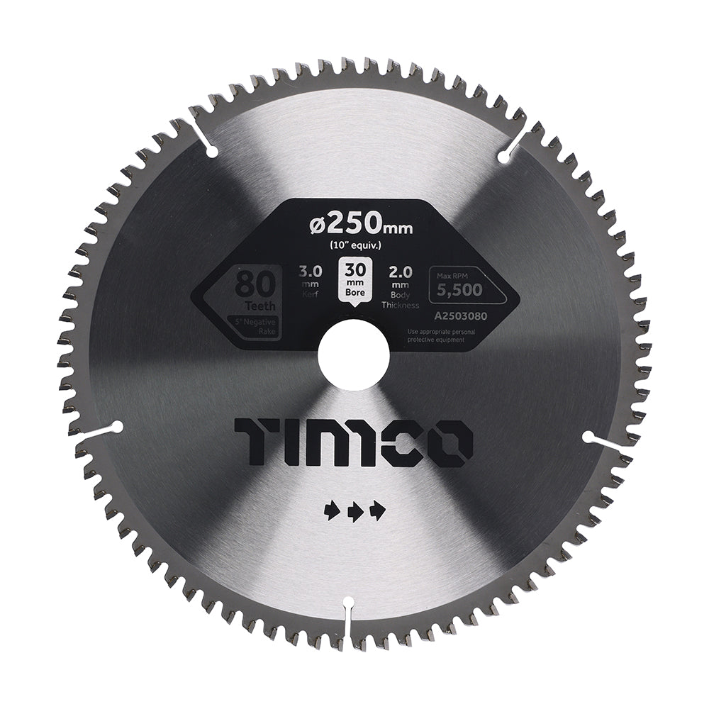 This is an image showing TIMCO -5° Circular Saw Blade - 250 x 30 x 80T - 1 Each Clamshell available from T.H Wiggans Ironmongery in Kendal, quick delivery at discounted prices.