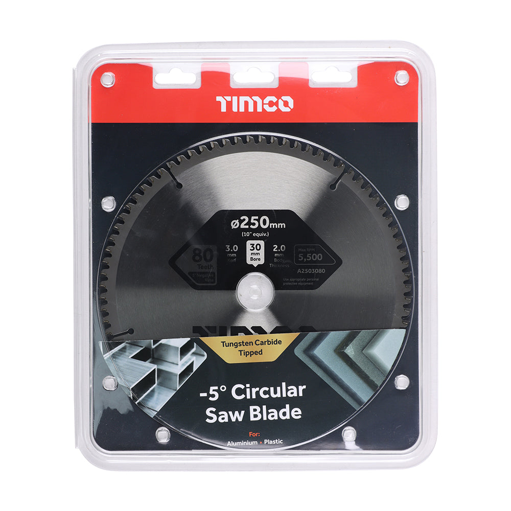 This is an image showing TIMCO -5° Circular Saw Blade - 250 x 30 x 80T - 1 Each Clamshell available from T.H Wiggans Ironmongery in Kendal, quick delivery at discounted prices.