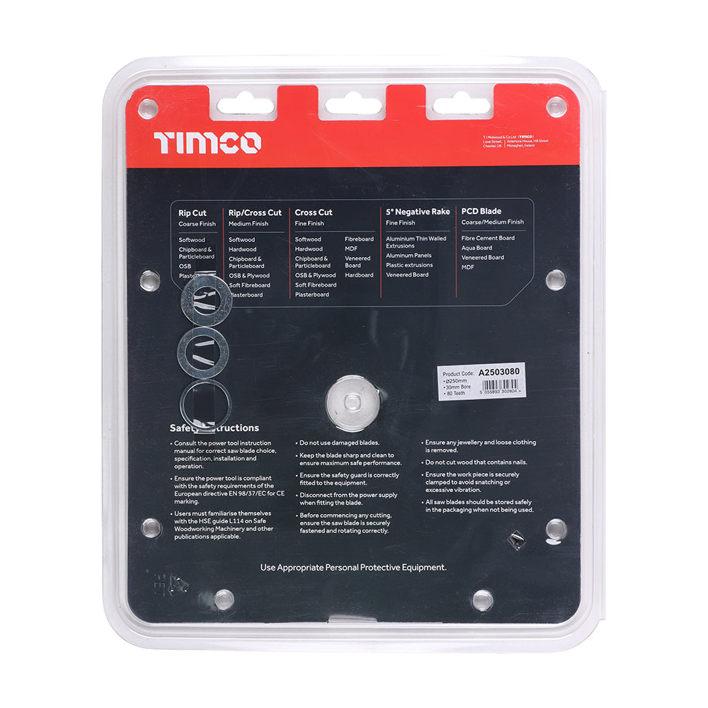 This is an image showing TIMCO -5° Circular Saw Blade - 250 x 30 x 80T - 1 Each Clamshell available from T.H Wiggans Ironmongery in Kendal, quick delivery at discounted prices.