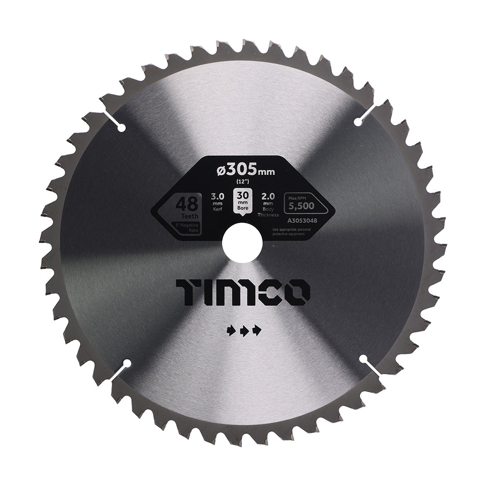This is an image showing TIMCO -5° Circular Saw Blade - 305 x 30 x 48T - 1 Each Clamshell available from T.H Wiggans Ironmongery in Kendal, quick delivery at discounted prices.