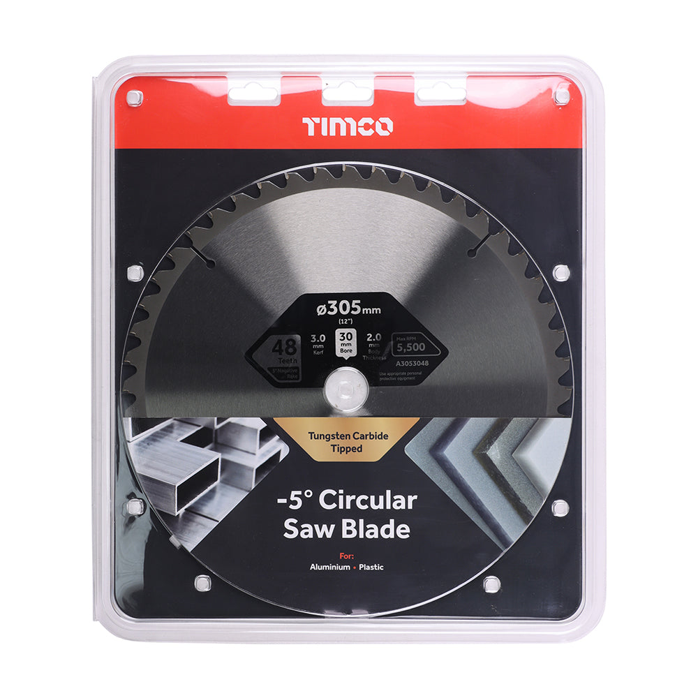 This is an image showing TIMCO -5° Circular Saw Blade - 305 x 30 x 48T - 1 Each Clamshell available from T.H Wiggans Ironmongery in Kendal, quick delivery at discounted prices.