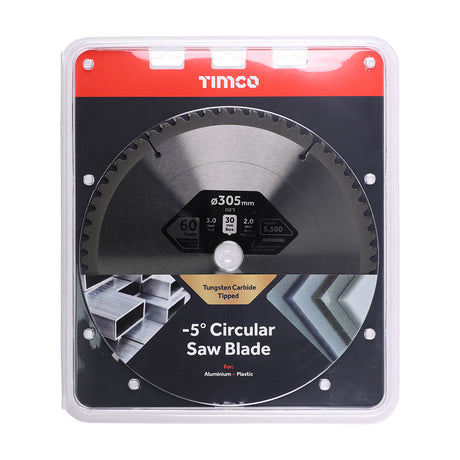 This is an image showing TIMCO -5° Circular Saw Blade - 305 x 30 x 60T - 1 Each Clamshell available from T.H Wiggans Ironmongery in Kendal, quick delivery at discounted prices.