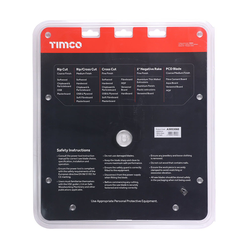 This is an image showing TIMCO -5° Circular Saw Blade - 305 x 30 x 60T - 1 Each Clamshell available from T.H Wiggans Ironmongery in Kendal, quick delivery at discounted prices.