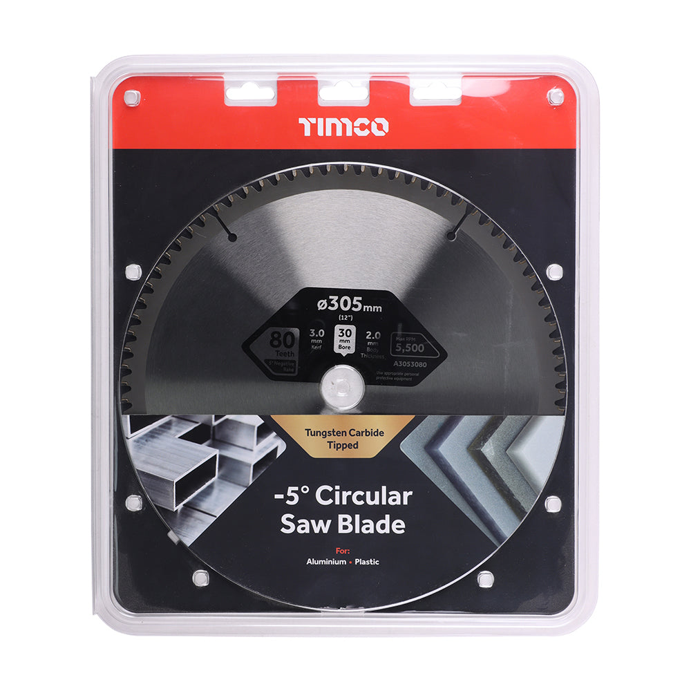 This is an image showing TIMCO -5° Circular Saw Blade - 305 x 30 x 80T - 1 Each Clamshell available from T.H Wiggans Ironmongery in Kendal, quick delivery at discounted prices.
