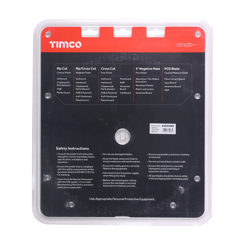This is an image showing TIMCO -5° Circular Saw Blade - 305 x 30 x 80T - 1 Each Clamshell available from T.H Wiggans Ironmongery in Kendal, quick delivery at discounted prices.