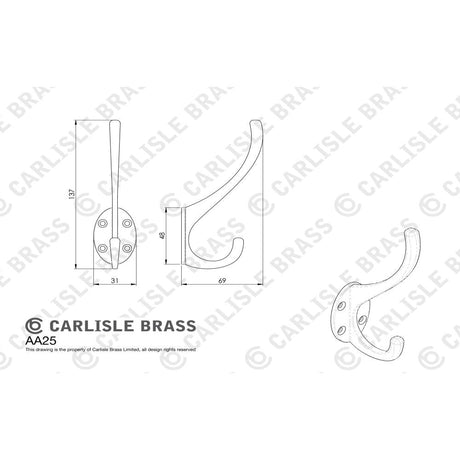 This image is a line drwaing of a Carlisle Brass - Hat and Coat Hook - Satin Brass available to order from Trade Door Handles in Kendal