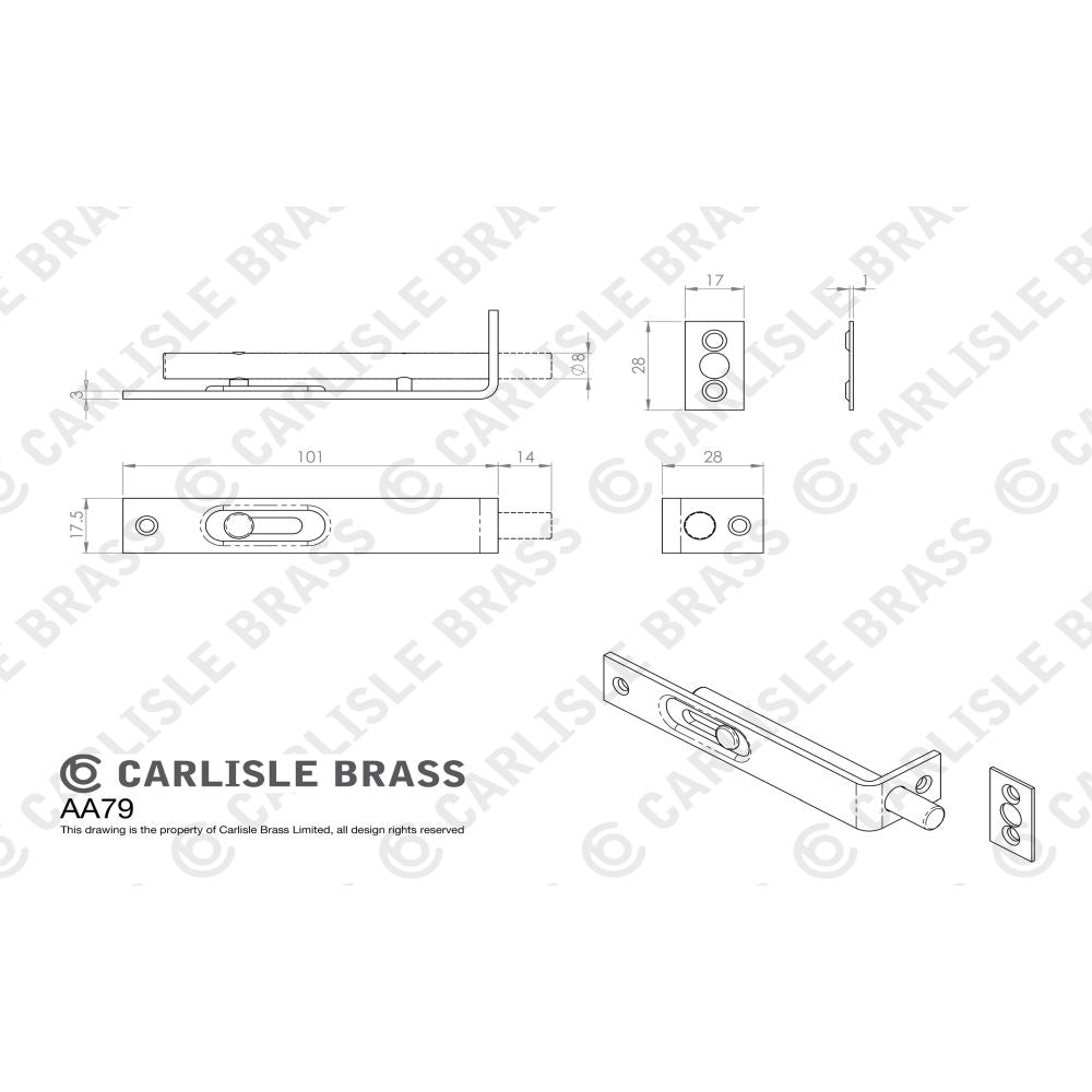 This image is a line drwaing of a Carlisle Brass - Sunk Slide Flush Bolt - Satin Nickel available to order from Trade Door Handles in Kendal