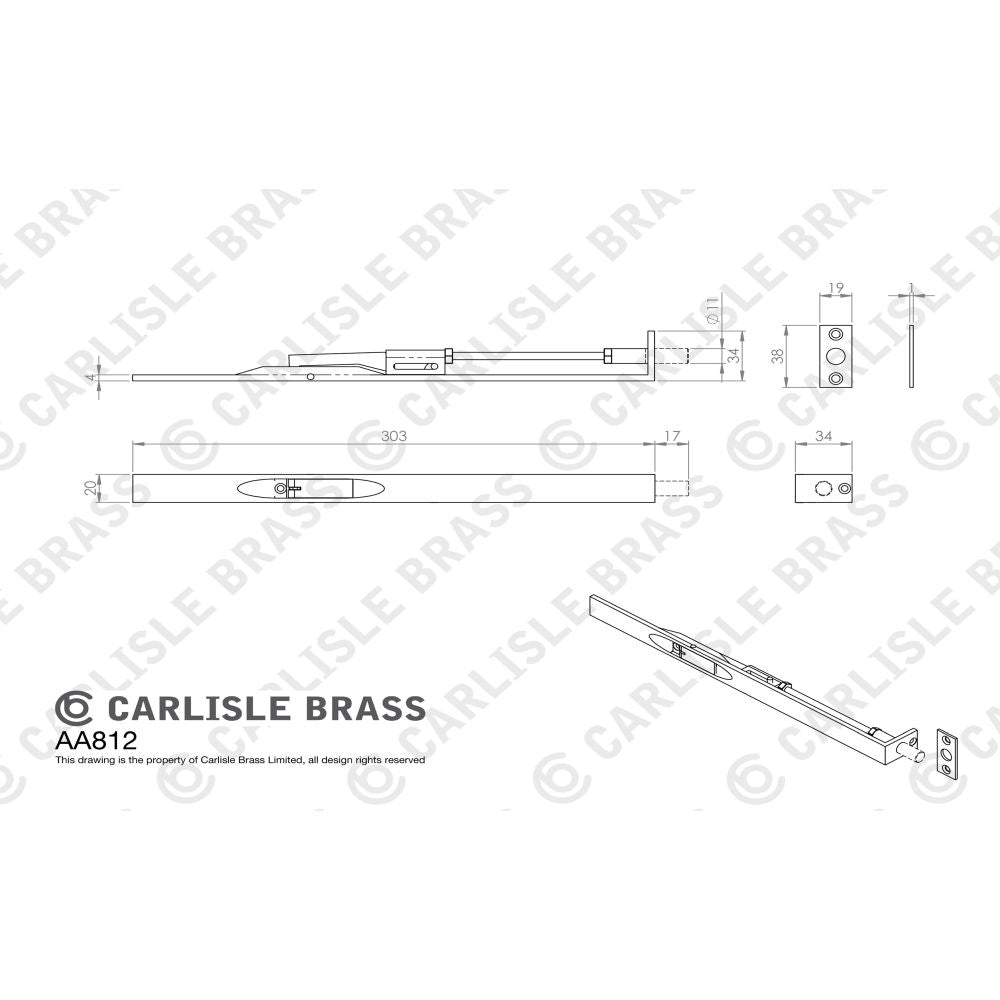 This image is a line drwaing of a Carlisle Brass - Lever Action Flush Bolt 305mm - Satin Nickel available to order from T.H Wiggans Architectural Ironmongery in Kendal in Kendal