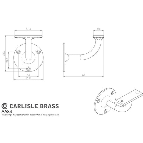 This image is a line drwaing of a Carlisle Brass - Heavyweight Handrail Bracket - Polished Brass available to order from Trade Door Handles in Kendal