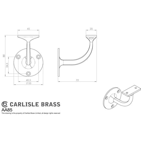 This image is a line drwaing of a Carlisle Brass - Lightweight Handrail Bracket - Satin Chrome available to order from Trade Door Handles in Kendal