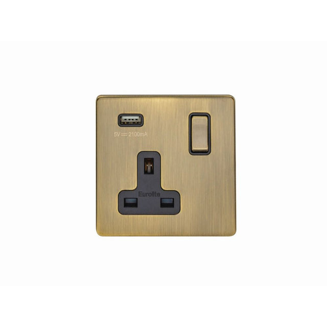 This is an image showing Eurolite Concealed 3mm 1 Gang USB Socket - Antique Brass (With Black Trim) ab1usbb available to order from T.H. Wiggans Ironmongery in Kendal, quick delivery and discounted prices.