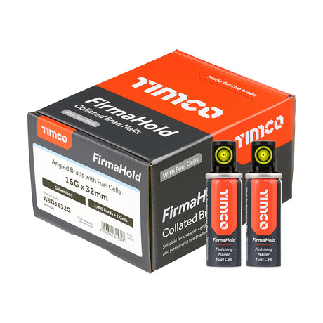 This is an image showing TIMCO FirmaHold Collated Brad Nails & Fuel Cells - 16 Gauge - Angled - Galvanised - 16g x 32/2BFC - 2000 Pieces Box available from T.H Wiggans Ironmongery in Kendal, quick delivery at discounted prices.