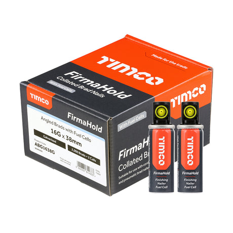 This is an image showing TIMCO FirmaHold Collated Brad Nails & Fuel Cells - 16 Gauge - Angled - Galvanised - 16g x 38/2BFC - 2000 Pieces Box available from T.H Wiggans Ironmongery in Kendal, quick delivery at discounted prices.