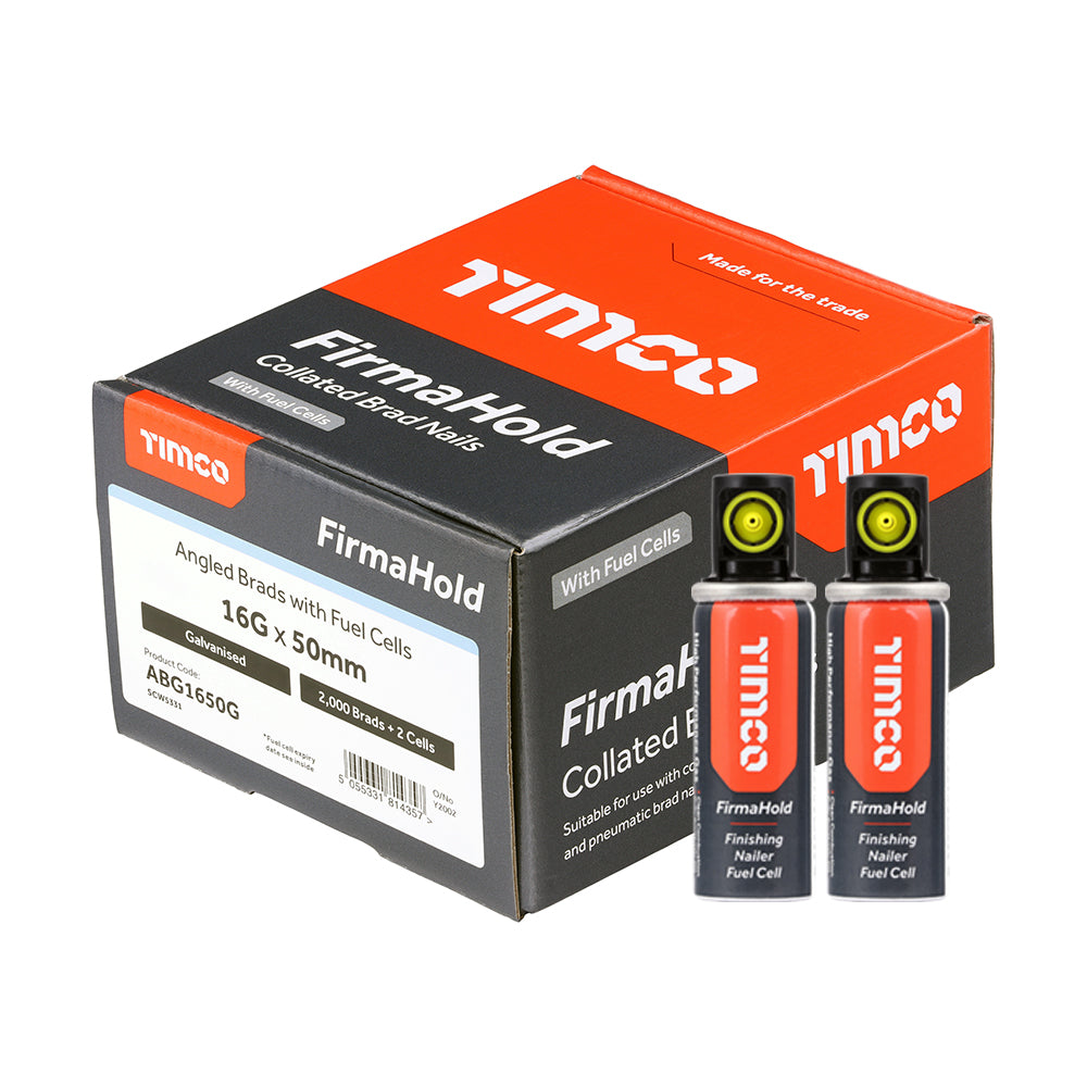 This is an image showing TIMCO FirmaHold Collated Brad Nails & Fuel Cells - 16 Gauge - Angled - Galvanised - 16g x 50/2BFC - 2000 Pieces Box available from T.H Wiggans Ironmongery in Kendal, quick delivery at discounted prices.