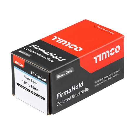 This is an image showing TIMCO FirmaHold Collated Brad Nails - 16 Gauge - Angled - Galvanised - 16g x 50 - 2000 Pieces Box available from T.H Wiggans Ironmongery in Kendal, quick delivery at discounted prices.